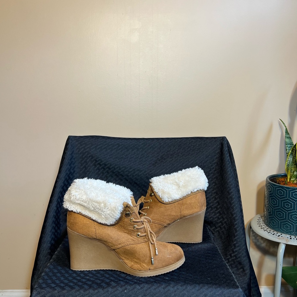 Camel Suede Wedge Ankle Boots with White Sherpa Trim